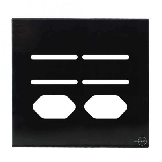 Placa p/ 4 Interruptors + Tomada dupla 4x4 - Novara glass Preto Brilhante